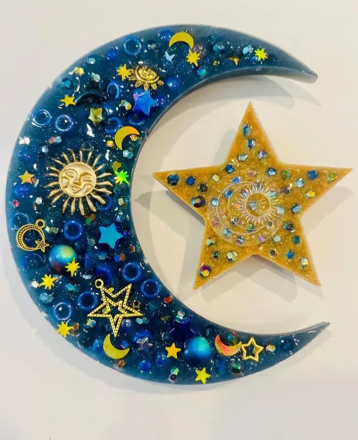 Handmade Star & Moon Squishy Sensory Pad - Bead-Filled Silicone Fidget with Gold Charms & Cosmic Beads