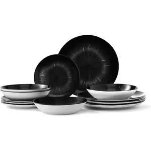 12 Piece Round Dinnerware Sets,and sets,Dishes,,, Dish Set,and,Service for 4, Chip Resistant Porcelain ,Starburst Turquoise Black