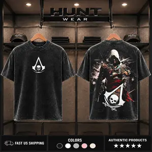 Assassin's Creed IV: Black Flag Washed Washed Tshirt,  Unisex graphic tee 90s Fabric Fit Clothes Top Cotton, Menswear Top Black Casual Crewneck Shortsleeve Clothes Soft