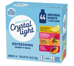 Crystal Light Refreshing Drink Mix Variety Pack, 44 Packets, for Convenient Hydration, Lemonade, Raspberry Lemonade, Peach Iced Tea, Fruit Punch, Natural and Artificial Flavor, Zero Sugar, 4.18 oz
