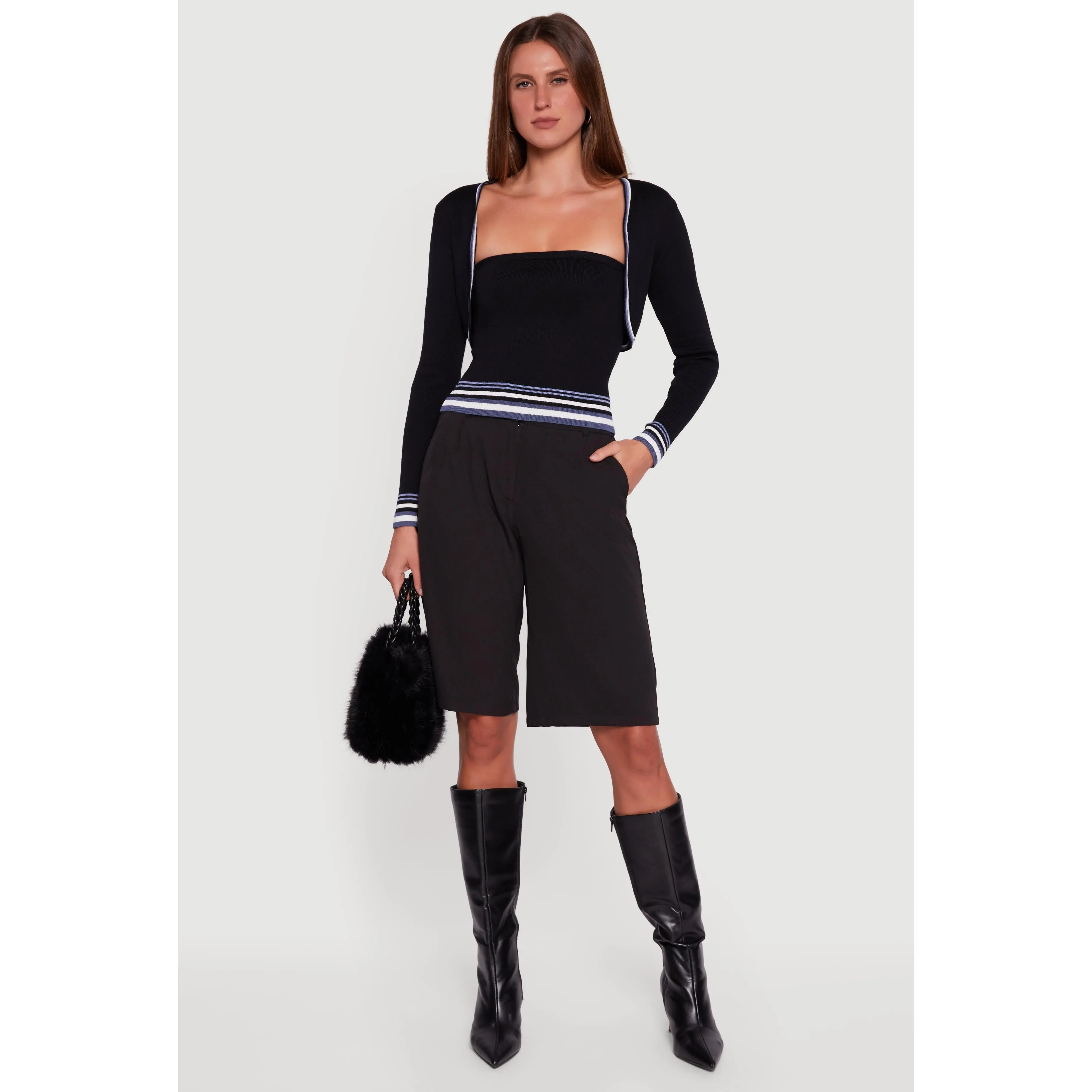 Contrast Trim Bolero Cardigan and Sweater Tube Top