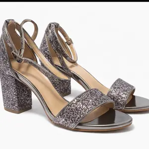 Sparkling Silver Glitter Block Heels – Elegant Ankle Strap Party Sandals