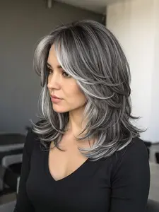 14 Inch Dark Grey Layered Wigs for Women Medium Length Gray Mixed Silver Wigs with Curtain Bangs Synthetic Hair Short Wavy Bob Wigs