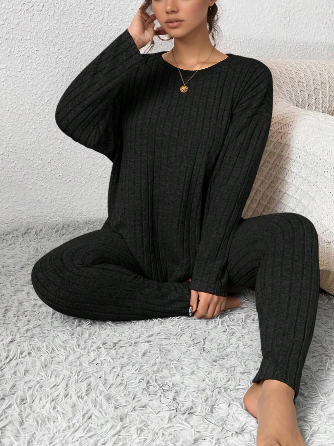[Plus Size] Two-Piece Set Solid Drop Shoulder Top & Skinny Pants Ribbed Pajama Set, Pjs, Matching Pj Set, Casual Comfy Pyjama Round Neck Long Sleeve Top & Trousers Set, Women's Sleepwear, Loungewear, Homewear for Fall & Winter, Basic