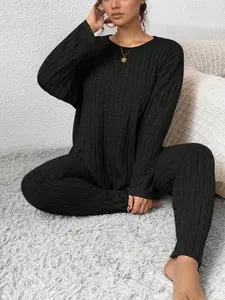 【Plus Size】 Two-Piece Set Solid Drop Shoulder Top & Skinny Pants Ribbed Pajama Set, Casual Comfy Round Neck Long Sleeve Top & Trousers Set, Women's Sleepwear for Fall & Winter