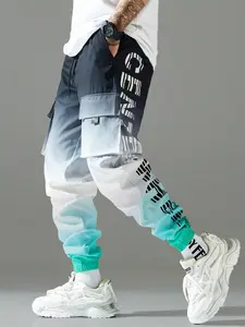 Men’s Gradient Cargo Joggers - Color Block, Bold Letter Print - Mens Clothing, Aesthetic, Contemporary, Gorchic, Print Men’s Pants for Edgy Streetwear, Festival Outfits