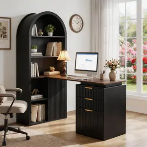 NORTHSKY 61" L Shaped Desk with Arched Bookshelf, Fluted Corner Computer Desk with 3 Drawers, Sleek Sliding Door, Built-in Charging Station, Elegant Modern Workstation for Home Office, Black