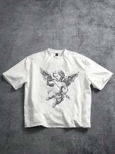 Men's Loose Fit Angel Print T-Shirt, Casual Daily Wear, Unisex, Long Sleeve, Figure H Style, All Seasons, Street Fashion, Streetwear