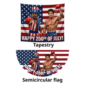 Happy 250th Of July Rocky Boxing USA Patriotic Tapestry & Semicircle Flag, Vintage American Fighter Wall Decor, Independence Day Banner Decor