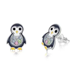 Penguin Crystal White Gold Palladium Plating Hypoallergenic Kids Screwback Stud Earrings Surgical Titanium Posts