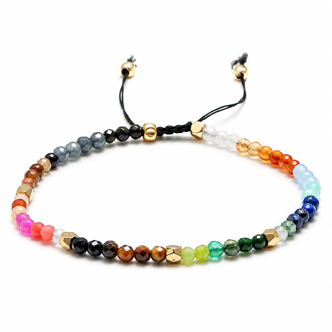 Multicolor Crystal Beaded Bracelet for Women and Men, Adjustable 3mm Dainty Rainbow Jewelry with Sliding Knot and Gold-Tone Accents