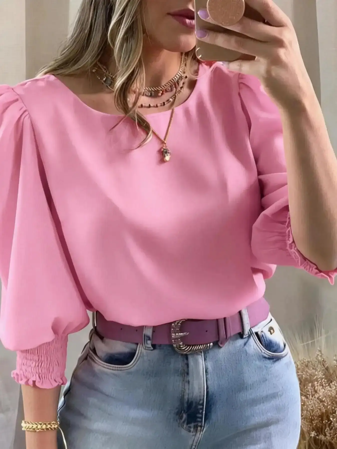 Elegant Casual Women's Blouse Shirts with Gathered Sleeves and Round Neck Modern Style, Comfortable Stylish Top, Chic Blouses Tops for Daily Wear, Perfect Office Leisure, Well Made, Professional stretch fit go to