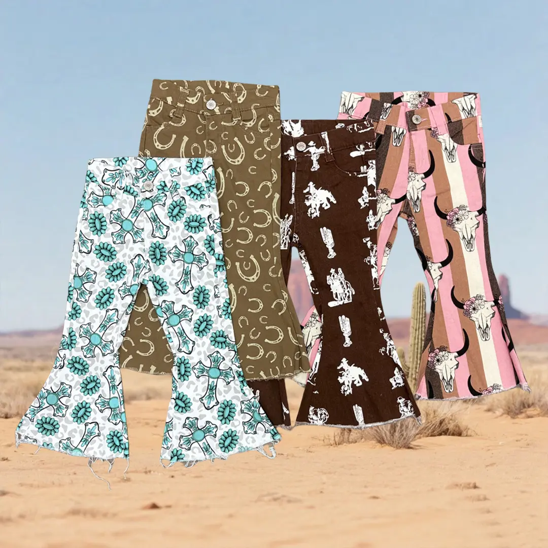 Girls' Turquoise Bleach Wash Bell Bottom Denim Pants - Kids' Cowgirl Rodeo Trousers with Adjustable Waist, Toddler & Youth Sizes 4T-16, Blue Jeans, Gift Idea, Western Fashion, Parties, Flared Pants, Sweet, Cowgirl Look, All Seasons, Spandex Blend, 6-12M,,