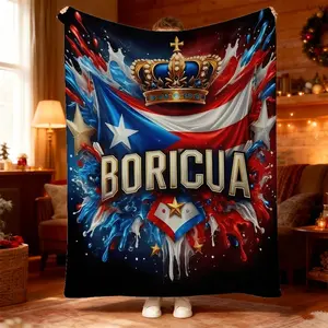 1pc Patriotic Boricua Letter Print Blanket - Vibrant Red, White & Blue with Crown Design Ideal for Cozy Bedroom Sessions, Sofa Relaxation & Camping Comfort - Perfect for Naps & Covering Up in Style! - Letter Pattern Blanket