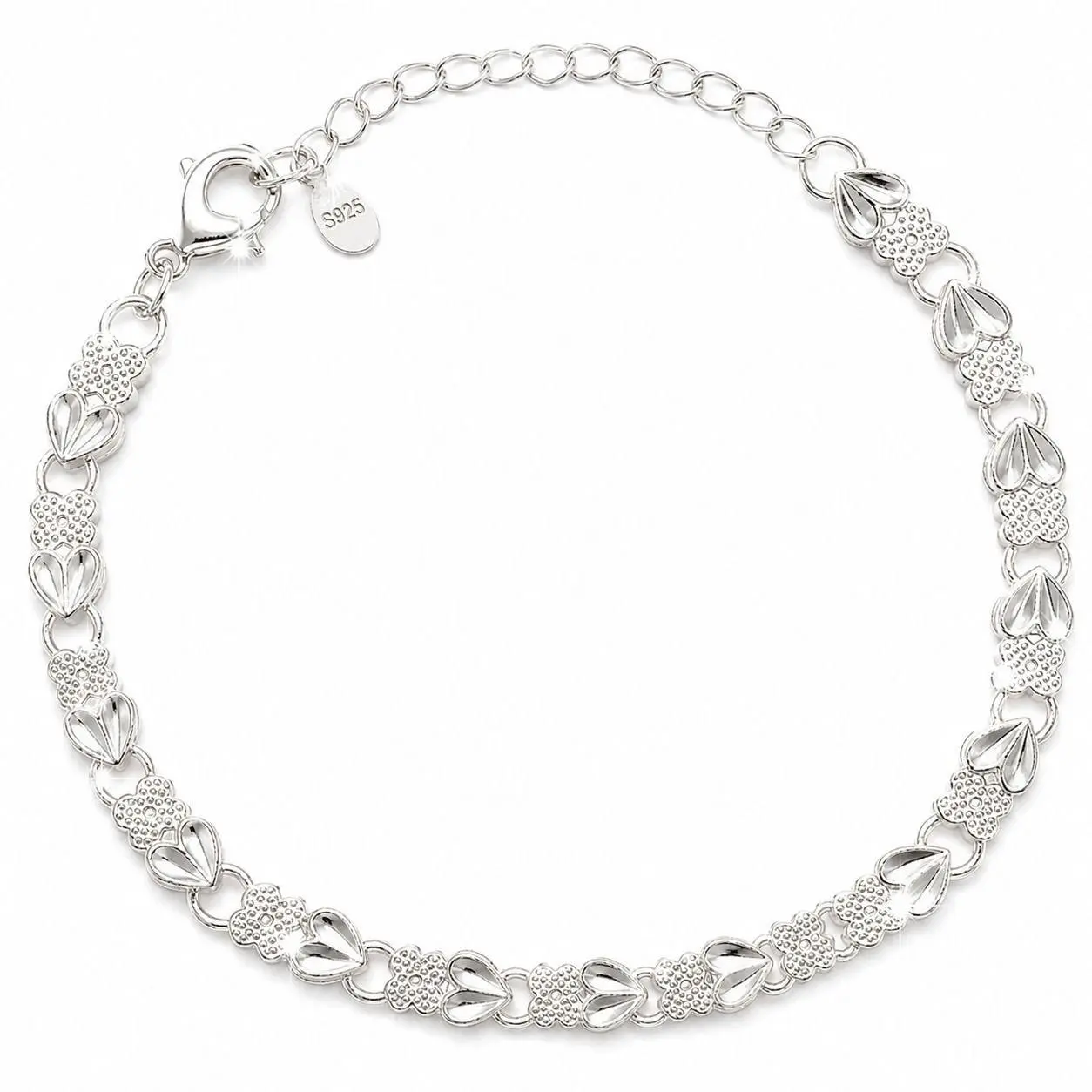 Super David Atelier Silver Heart-Link Bracelet with Floral Accents