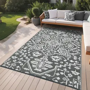 Waterproof Reversible Outdoor Rug – Large 9x12 Plastic Straw Medallion Mat – UV-Resistant Carpet for Patio, Deck, Porch, Backyard, Balcony, Camping, RV – Vintage Grey