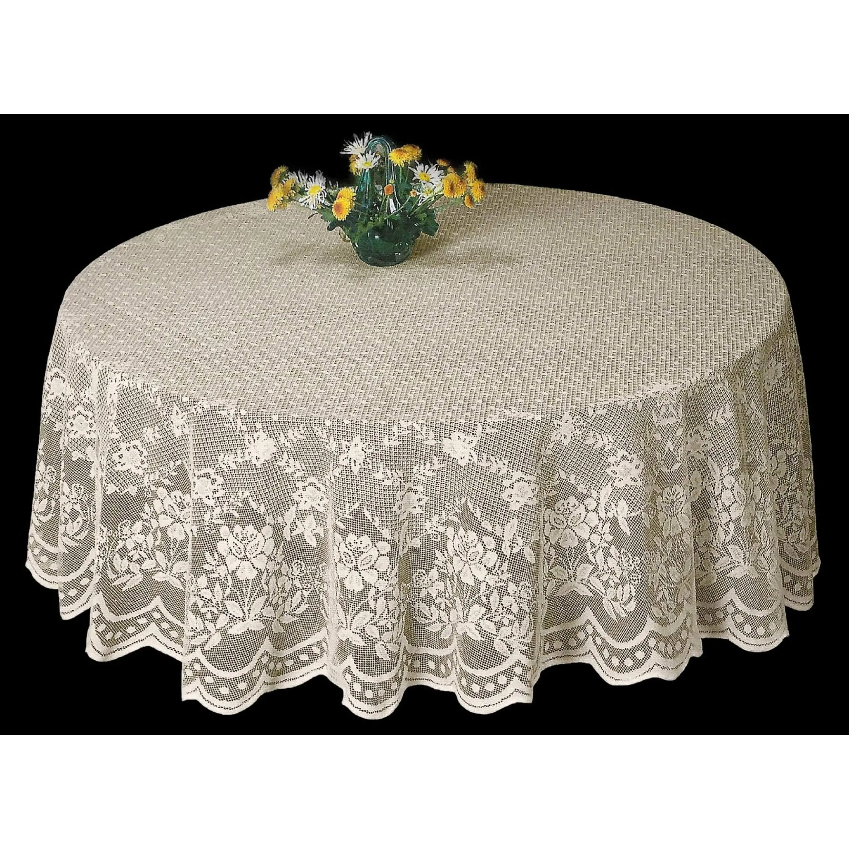 70 in Finished Sewn Floral Lace Round Dinner Tablecloth, Machine Washable & Tumble Dry Safe, Indoor Use for 4-6 People, 2-Color Options (White, Cream) for Home Dining, Weddings, Dinner Table, Lace Finish