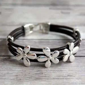 Bohemian Floral Leather Rope Bracelet, Beach Bracelet, Couple Bracelet Bohemian Style Jewelry