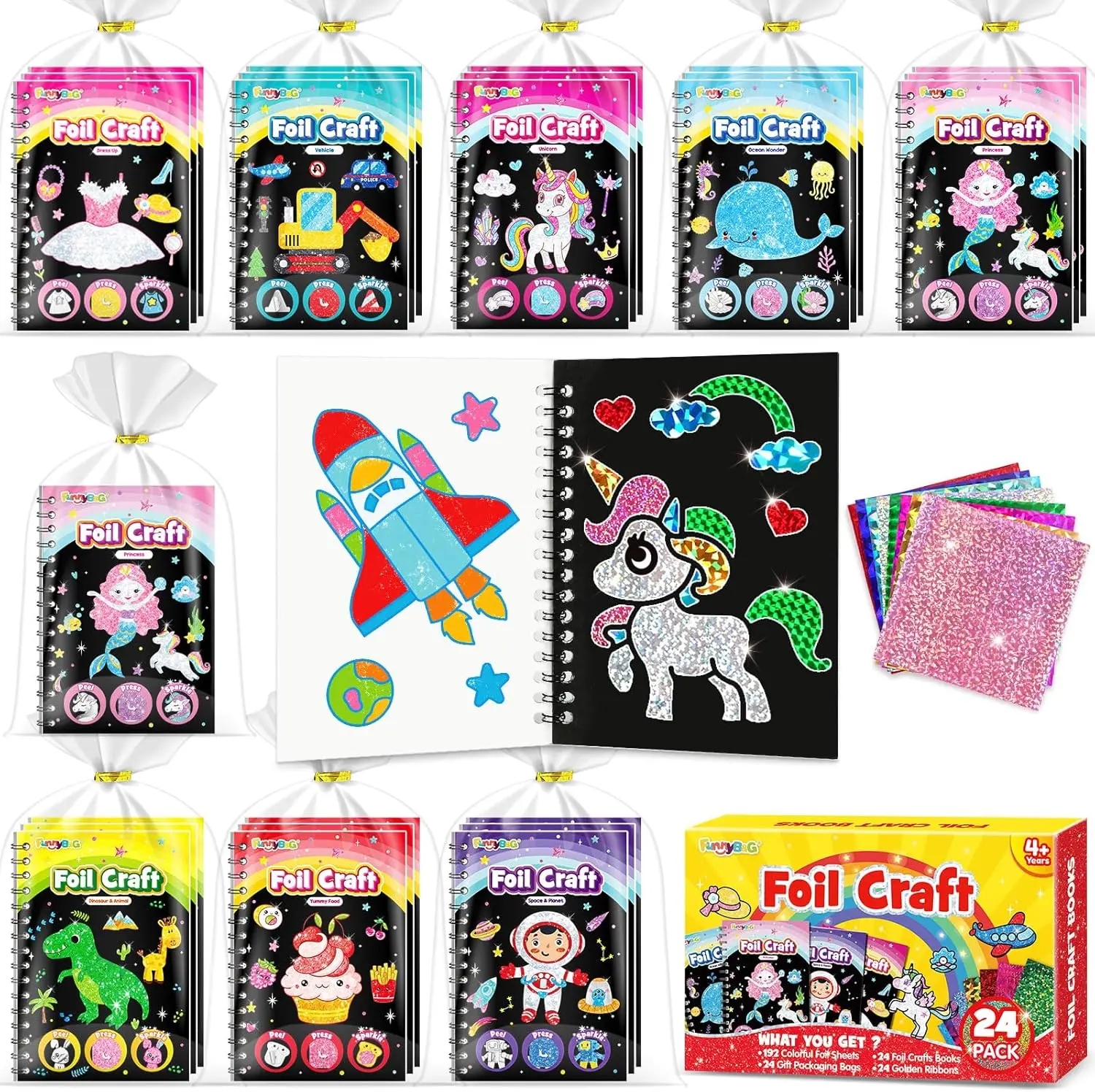 Foil Art Party Favors for Kids - 24 Pack Foil Art Goodie Bag Items Loot Bags Fillers, Kids Toys for Birthday Party Favors Classroom Prizes Return Gifts Bulk, Mini Coloring Books Crafts Kit
