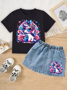 Girls' Dreamy Unicorn T-Shirt + Denim Skirt Set, Cute Unicorn Design with Blue Bow, Heart Sunglasses & Flowers, Casual Loose Fit