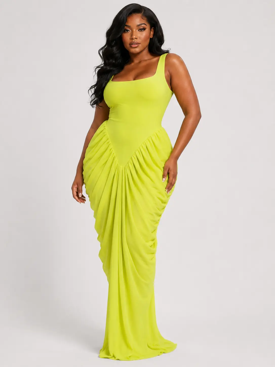 Sculpt Touch Women's Ruched Bodycon Maxi Dress Snatched Waist Draped Long Dress Square Neck Elegant Party Evening Dress