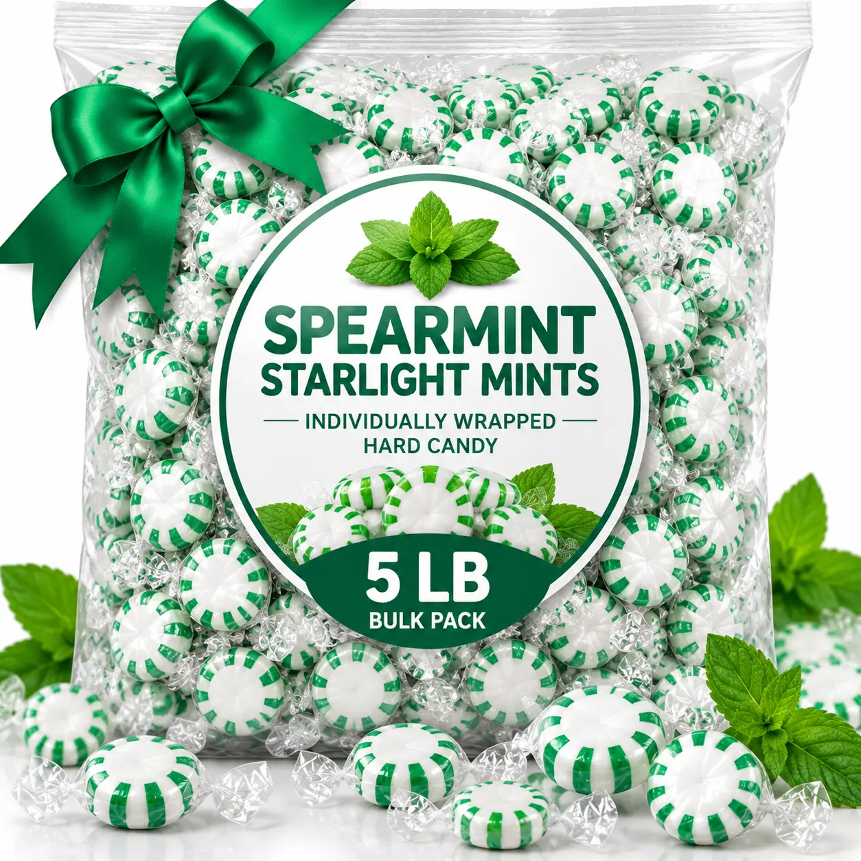 Spearmint Hard Candy Mints – Individually Wrapped Bulk Pack, 5 lb Bag for Office & Parties