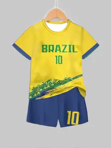 Boys Brazil Samba Team Glory Theme Soccer Jersey Set, Sports Jersey Top, Bright Home Shirt with Blue Shorts, Classic Brazil 10 Print Tribute