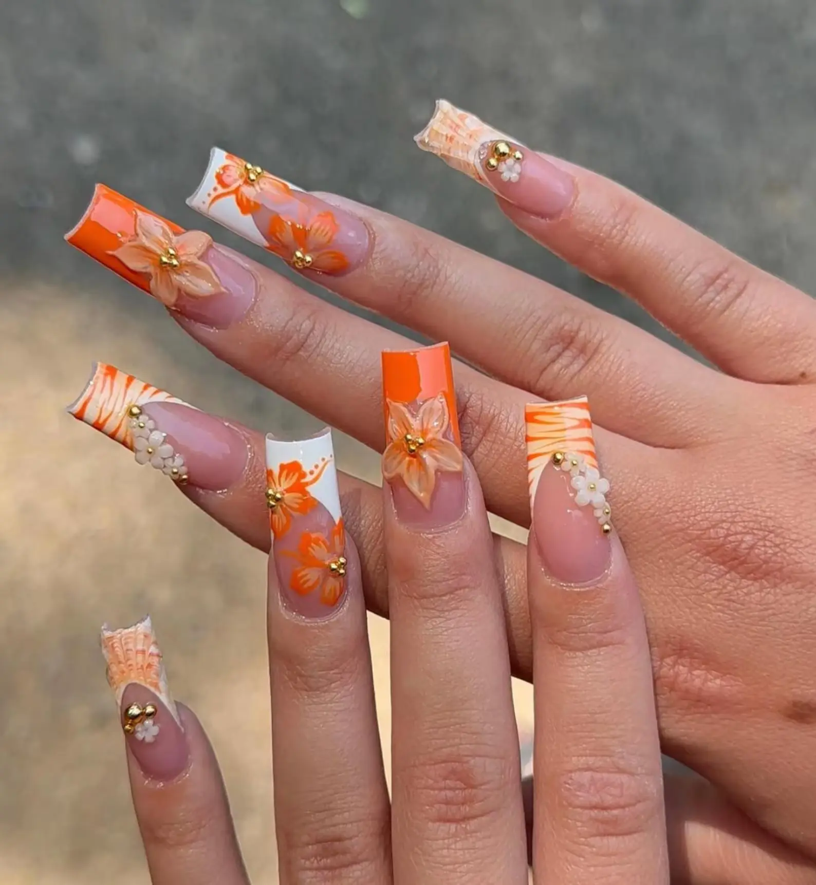 [ Handmade ] Orange French Tip Press On Nails: Y2K Zebra Flower, Long Square Handmade Nail Set