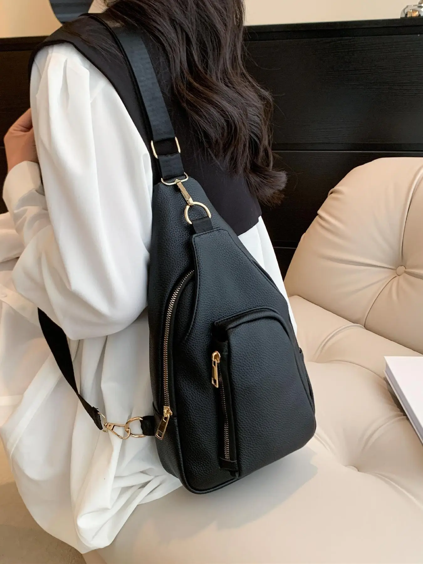 Women's Solid Color Zipper Fanny Pack, Multi-pocket Vintage Chest Bag, All-matched Crossbody Bag For Daily Used