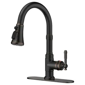 Forious Vintage Kitchen Faucet, Pull Down Sprayer, Oil Rubber Brown, High Arc Single Handle, Antique Stainless Steel, Fits 1 or 3 Hole