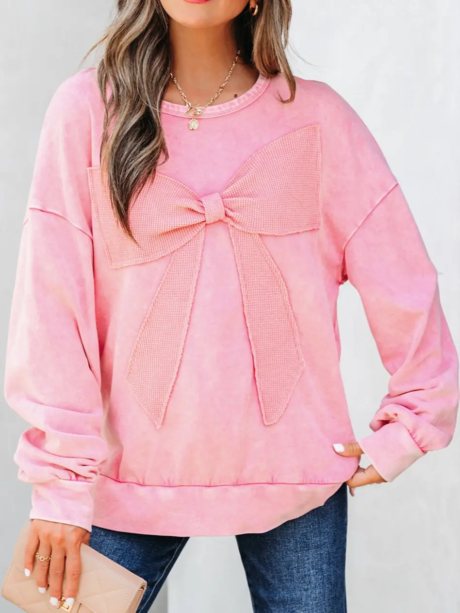 Women's Bright Pink Mineral Wash Big Bow Patchwork Pullover Sweatshirt Cute Crew Neck Long Sleeves Drop Shoulder Split-Hem Tops Fashion Loose Fit Blouses Womenswear