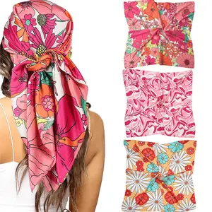 AWAYTR 3Pcs/Set 35” Large Square Scarf for Women Head Scarves Silk Feeling Satin Neck Scarf Flowers Sleeping Head Wrap Bandana
