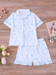 2-Piece Summer Pajama Set, Lightweight Short Sleeve Shirt & Shorts, Cartoon Print, Button Front, All Seasons, Fitted