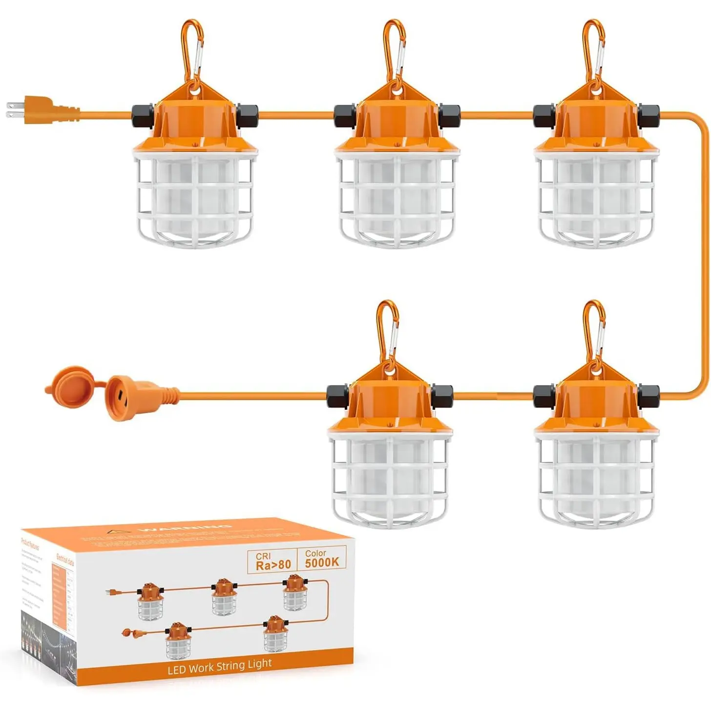 50FT Construction String Lights LED Industrial Grade Super Bright 5000K IP65 Linkable for Construction Sites, Temporary Work, Renovation, Jobsite, All Outdoor Lighting, with 5 Bulbs and Hook