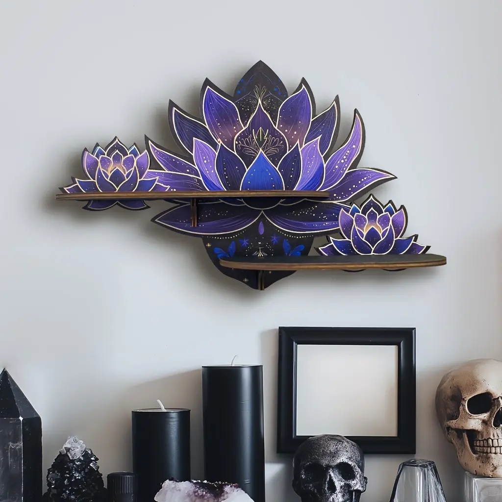 FNYDOX 1pc Decorative Wooden Hanging Floating Shelf - Wicca Style Gift with Starry Lotus Motif, Crystal/Rock Gem/Essential Oil Organiser for Spiritual Room Home Decor