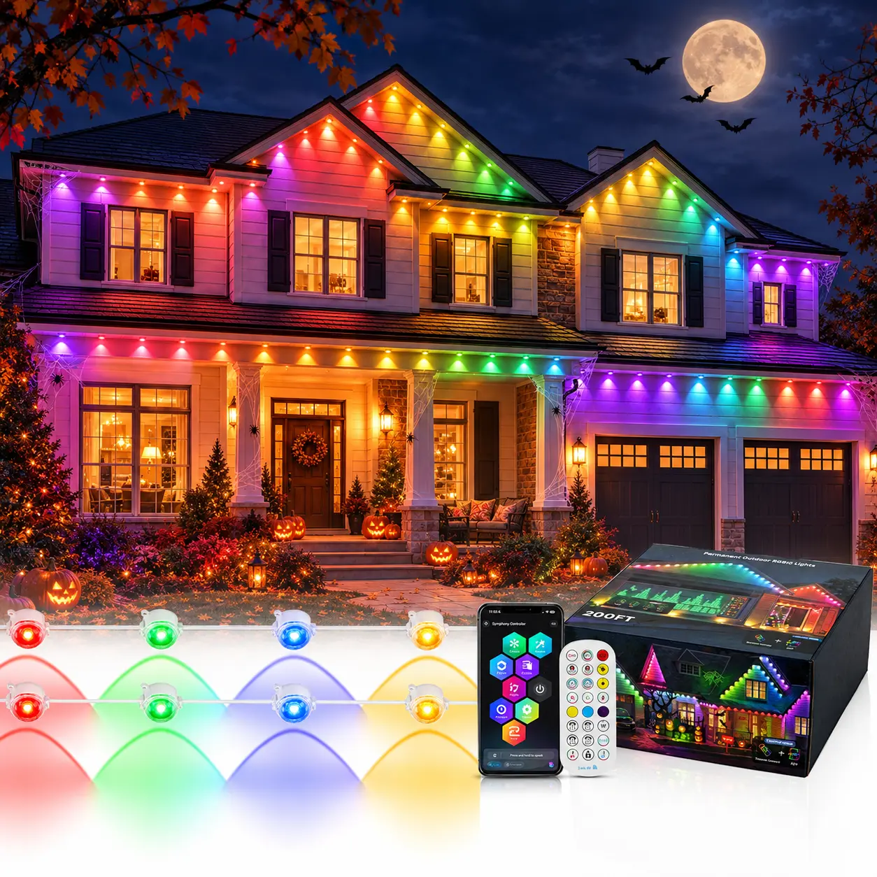 VALLERICO Permanent Outdoor Smart LED Eave Light Strips (50FT-300FT),IP67 Waterproof RGB Colors, Adjustable LEDs, 2.4G Remote & Bluetooth APP, Alexa/Google Compatible,Music Sync & Scene Modes for Halloween Decorations Outdoor, Christmas Light,Black Friday