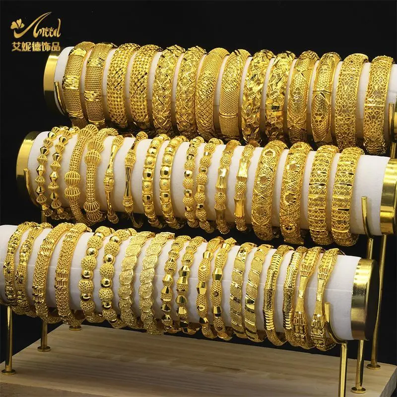 Women's Gold Plated Hard Bangle Set - Ethnic African Charm Bracelet with Unisex Names Style, Ethiopian Arabic Jewelry for Daily & Wedding Wear