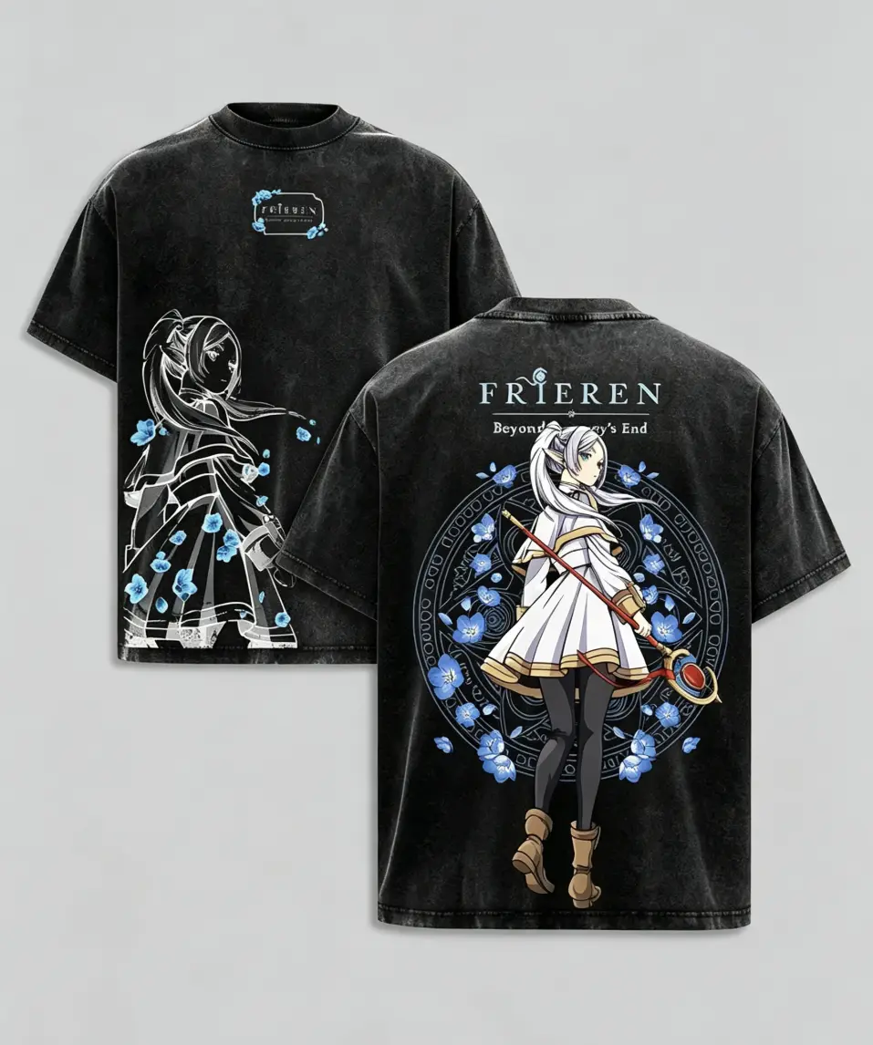 Frieren Beyond Journey’s End Vintage Washed Oversized Anime Tee – Heavy Cotton Double Printed Graphic T-Shirt, Magical Elf Mage Art, Unisex Retro Streetwear
