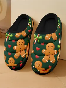 Men's Warm Indoor Slippers with Gingerbread Man Print, Cozy Christmas - themed Footwear for Home