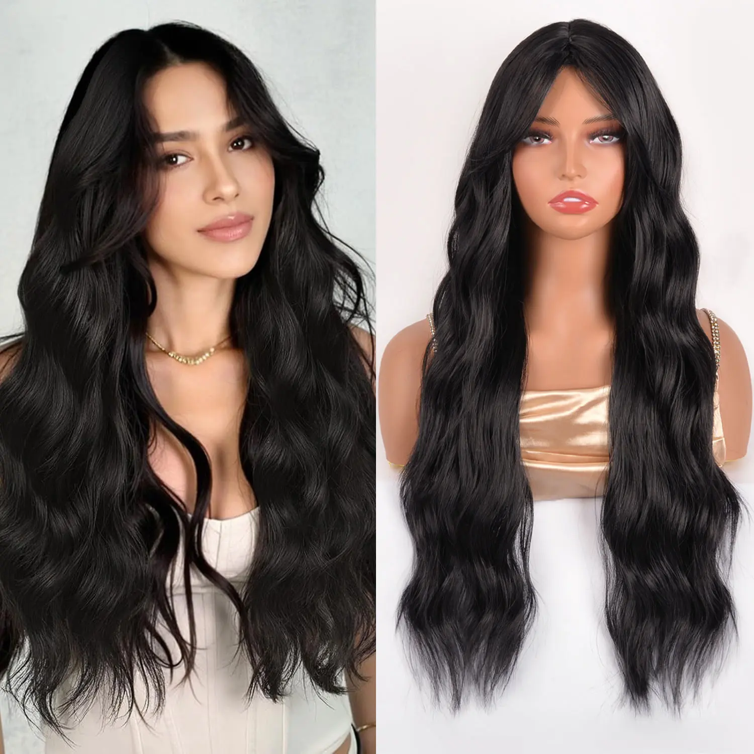 Black Wig for Women, Long Wavy Lace Hairline Middle Part Synthetic Heat Resistant Wig for Daily Party-28 Inch