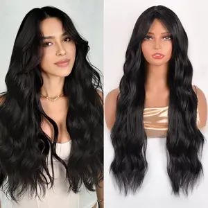 Black Wig for Women, Long Wavy Lace Hairline Middle Part Synthetic Heat Resistant Wig for Daily Party-28 Inch