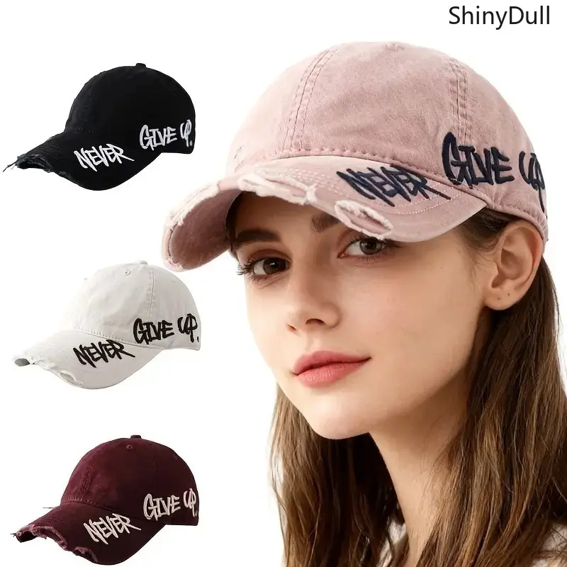 Unisex Distressed Baseball Cap - Side Letter Embroidered, Curved Brim, Versatile Fit, Casual Trendy Streetwear Sports Hat (Baseball Protective Gear), Casual Trendy Hat, Letter Embroidered Hat