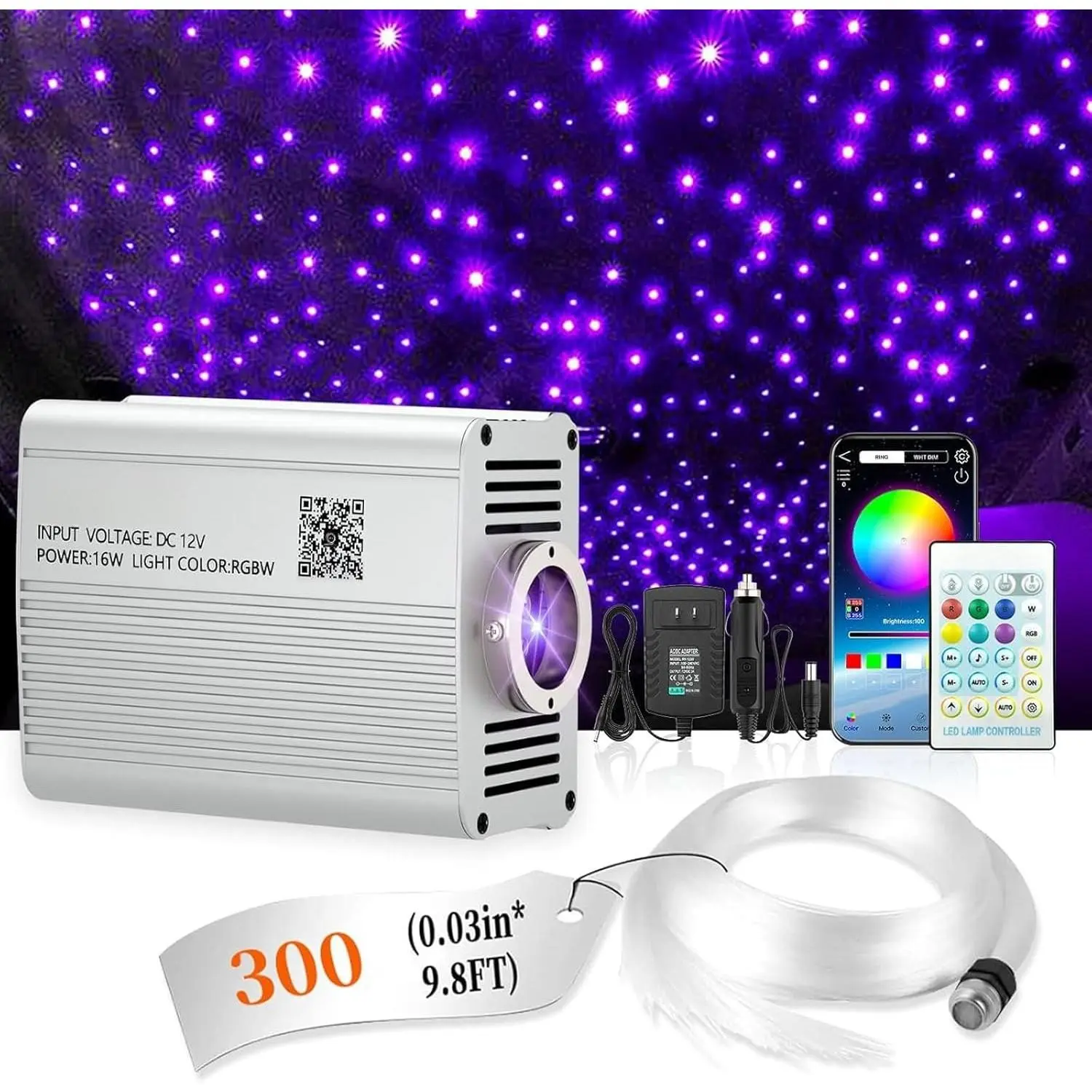 Starlight Headliner Kit - 300 count 0.03in 9.8ft Fiber Optic  Lights for  with 16W RGBW, Twinkle &  Sync, APP/Remote Control for  Roof/Bedroom Ceiling