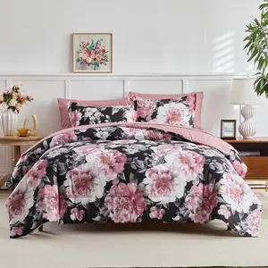 3pcs Floral Comforter Set Full/Queen, Pink Flowers on Black, Microfiber Lightweight Bedding Comforter Set for All Season- 88x88 inches