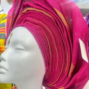 Pink and Gold Multiple pleats Original Quality Aso Oke Ready to tie African Yoruba Headtie Cap for Traditional Wedding Party