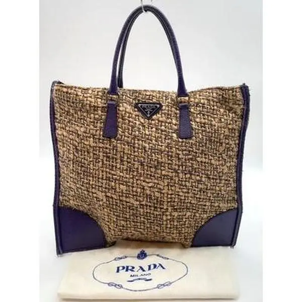 Pre-owned PRADA other Top Handle Bag Triangle Logo Tweed Leather Beige Purple Handbag 12268911794/391416