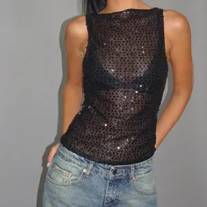 Women’s sequined vest, sheer, fashionable solid color, sleeveless casual vest for summer and spring GARMENTARY