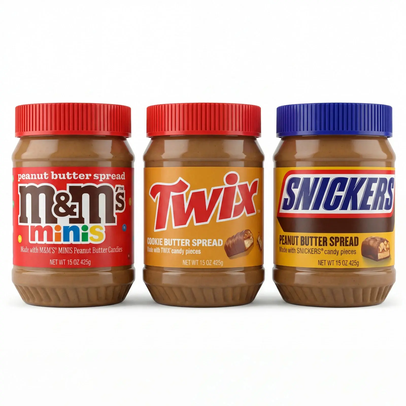 Assorted Candy & Cookie Spreads Bundle - M&M’S Minis, TWIX, SNICKERS (contains peanuts) Creamy Vegetarian 15oz (425g) Jars
