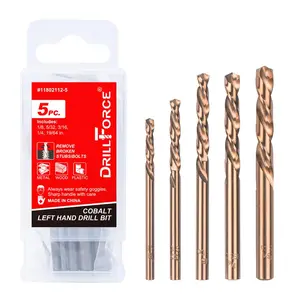 5 count M35 Cobalt Left Hand Drill Bits Set for Removing Broken Stubs,  and Screws, Reverse Twist Drill Bits, 1/8", 5/32", 3/16", 1/4", 19/64"