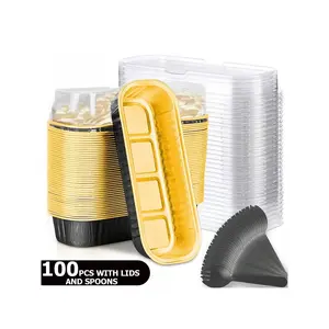 100 Pack Mini Loaf Baking Pans With Lids And Spoons (6.8oz)Rectangle Aluminum Foil Baking Pans Tins Containers - Cupcake Containers Wrappers Cheesecake Creme Brulee Ramekins